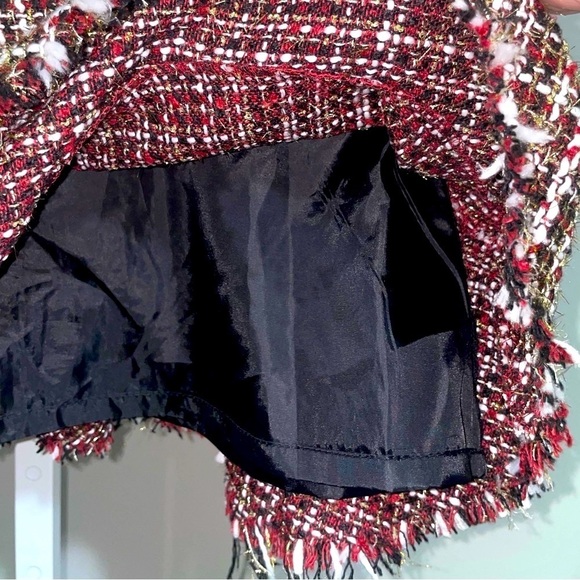 NWT Tartan Plaid Tweed Mini Skirt Womens Large Metallic Ruffle Drop Waist Frayed - Picture 14 of 16